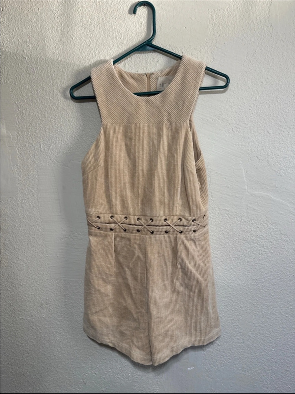 Moon River Beige Corduroy Lace-Up Waist Romper